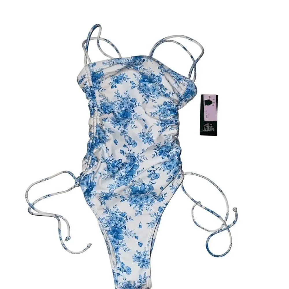 WildFable Women's XXS Blue Floral One Piece Swimsuit Halter Neck